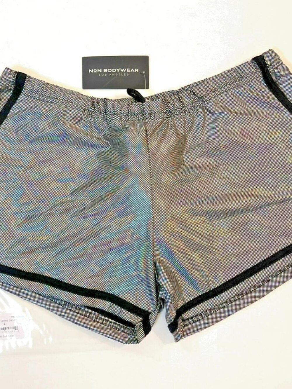 N2N Bodywear - Size L - Polyester Blend Prism Sport Shorts - Silver/Black